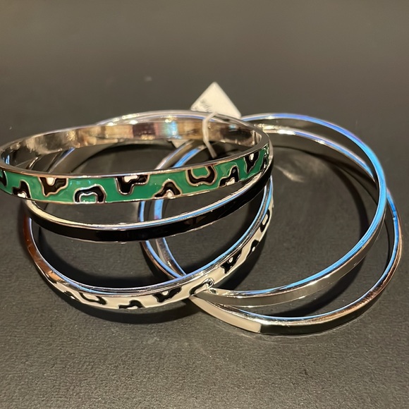 Jewelry - Mixed Metal and Enamel Black/White/Silver/Green Bangle Bracelet Bundle Set of 5